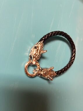 Braided Black Leather Bracelet with Viking Wolf Heads
